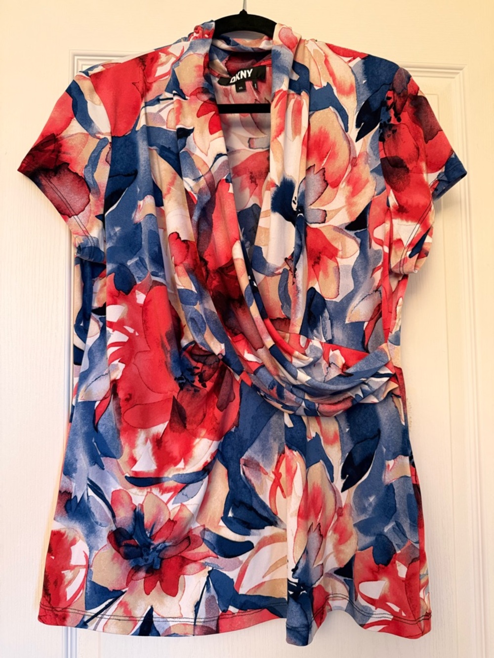 DKNY Floral Surplice Faux Wrap Top Size  XXL: Red White Blue Stretch Blouse